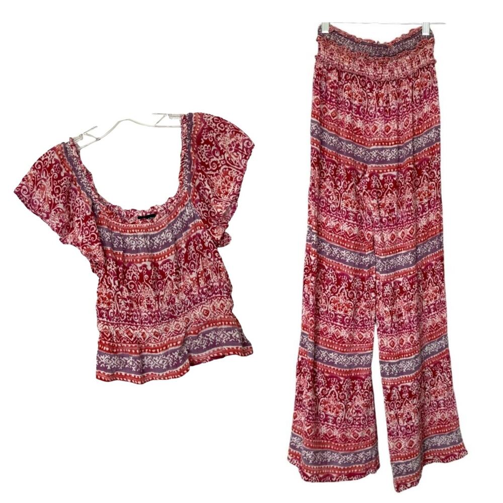 Aqua Set - Top & Wide Leg Pants Smocked Palazzo Pants Boho Hippie Womens Size XS
